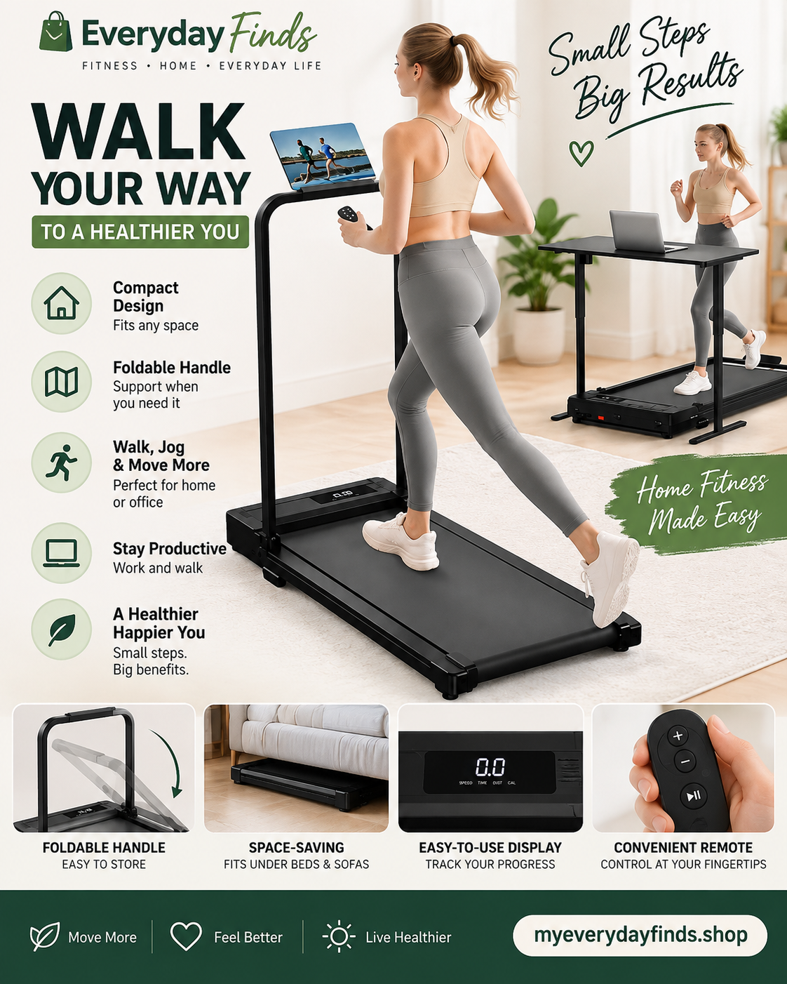 Foldable Walking Pad Treadmill with Handle – Compact Home & Office Fitness